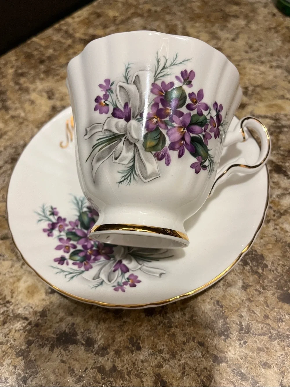 Royal Grafton “Mother” Floral Teacup & Saucer - Purple Violets with Gold Trim